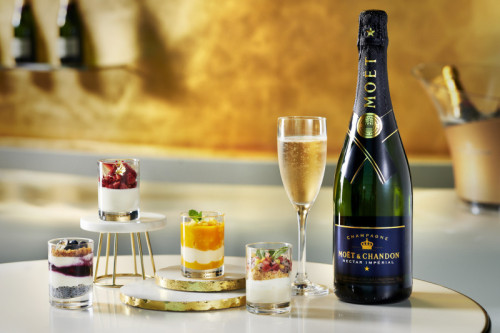 Moet Nectar Imperial with four dessert canapes served throughout the month Tropical creme Mango trifle Lemon cream pannacotta and Blueberry cheesecake