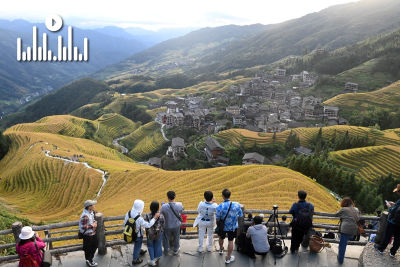 a group of people looking at a valley